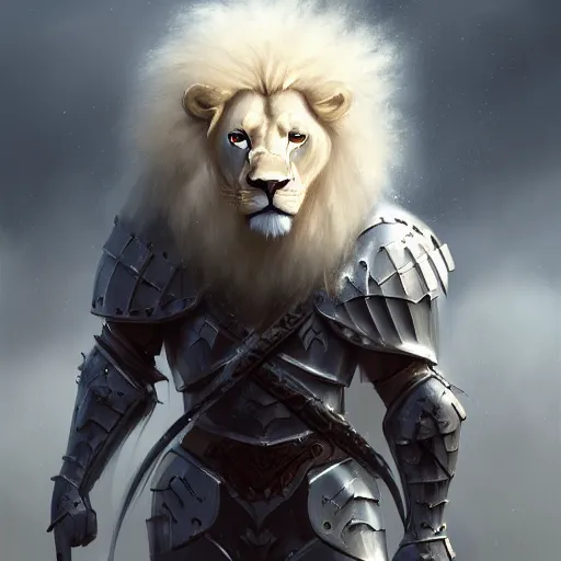 Image similar to a beautiful award winning commission of an anthro albino lion dressed in knight armour,digital art,art by greg rutkowski,character design by charles bowater,ross tran,photorealistic,highly detailed,detailed face,4k,dramatic,deviantart,artstation