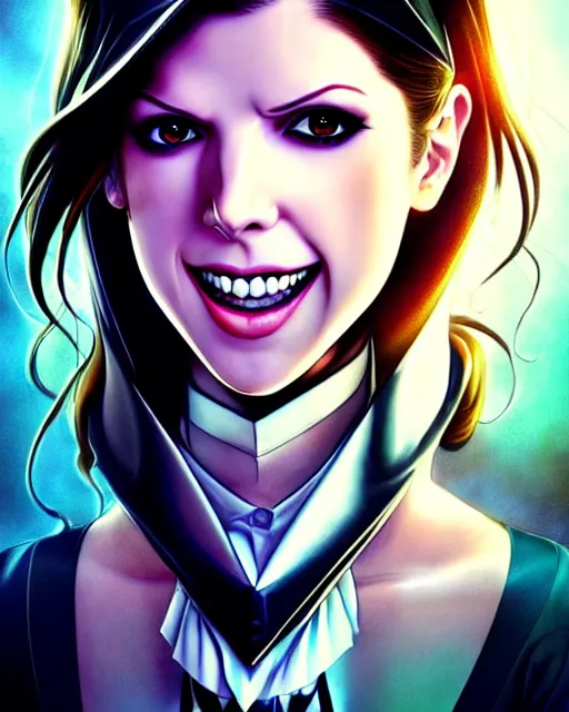 Image similar to ultra realistic, beautiful Anna Kendrick Zatanna DC Comics waist up floating, on stage, symmetrical face symmetrical eyes, smiling, modern anime, fantasy, eerie, intricate details, atmospheric, elegant, super highly detailed, professional digital painting, artstation, concept art, 8k, art by artgerm and eiichiro oda and koyoharu gotouge