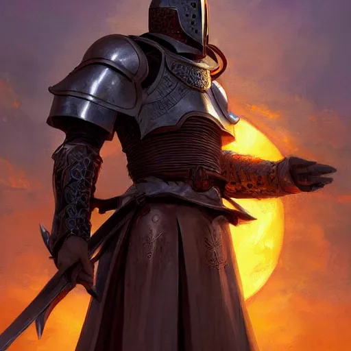 Image similar to medieval knight in front of the sun of a sunset, unique armor, detailed, intricate, close up, fantasy, by wlop, by ross tran, by andreas rocha, by krenz cushart, by ruan jia