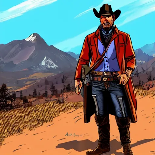 Image similar to Arthur Morgan from Red Dead Redemption 2 drawn in the style of Borderlands