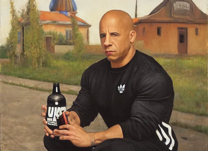 Image similar to vin diesel in black adidas sport costume, as gopnik character, sitting on a bench with a bottle of beer in the courtyard of a provincial russian town, intricate, oil on canvas, naturalism