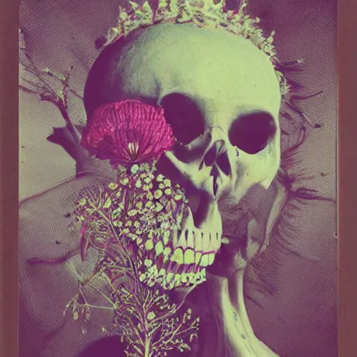 Prompt: a beautiful detailed front view portrait of a rotten woman corpse becoming a skull with fractal plants and fractal flowers and mushrooms growing around, volumetric light, beautiful lit, polaroid photography