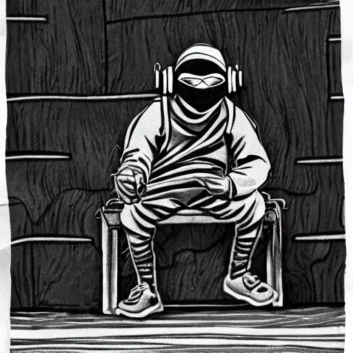 Prompt: a ninja with headphones sitting on a bench, high detail, black and white