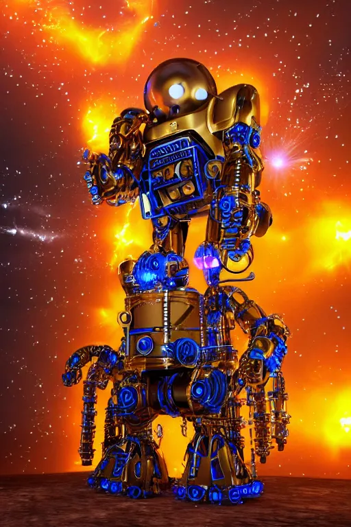 Prompt: portrait photo of a giant huge golden and blue metal humanoid steampunk robot witha huge camera on the head, with gears and tubes, eyes are glowing red lightbulbs, shiny crisp finish, 3 d render, 8 k, insaneley detailed, fluorescent colors, background is multicolored lasershow