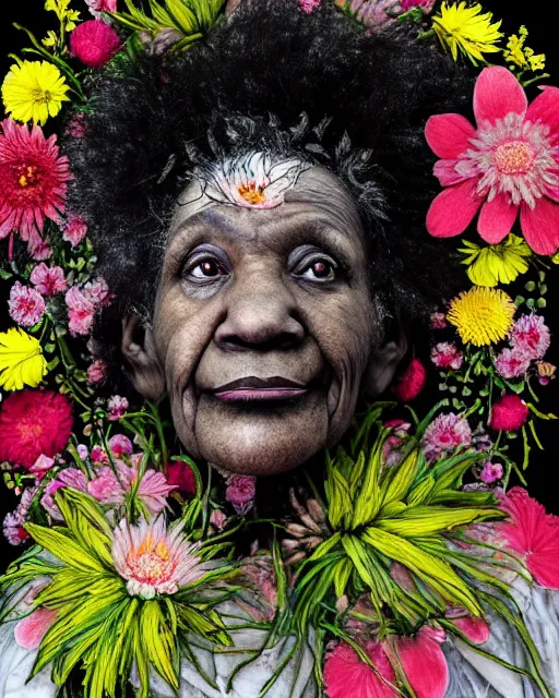 Prompt: a portrait of a beautiful fleshy old black woman who is surprised she is still alive, covered in flowers in the style of guiseppe arcimboldo and james jean, covered in wispy gray hair with a hint of neon, hd 3 d,