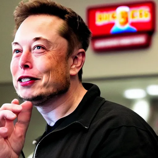 Prompt: elon musk working at burger king, elon musk working the register at a fast food restaurant