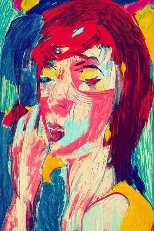 Image similar to 🤤 girl portrait, abstract, rich in details, broken composition, coarse texture, concept art, visible strokes, colorful, art by Kirchner, Gaughan, Caulfield, Aoshima, Earle