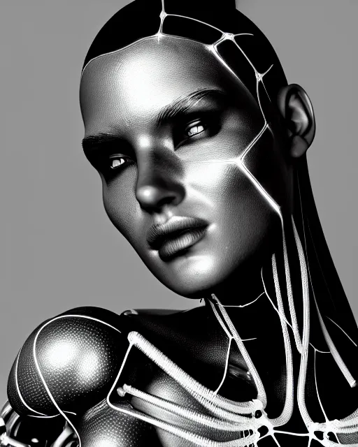 Image similar to black and white cyborg goddess high quality portrait, artificial intelligence, bio-mechanical bio-luminescence, artificial spider web, neurons, nerve cells, octane render, cinematic, hyper realism, high detail, 8k, in the style of Steven Meisel