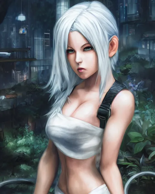 Image similar to tifa lockhart with white hair, beautiful face, garden, utopian city, solarpunk, perfect, attractive, illuminated, ultra realistic, atmosphere, cinematic, artstation, highly detailed, art by blair armitage and seunghee lee