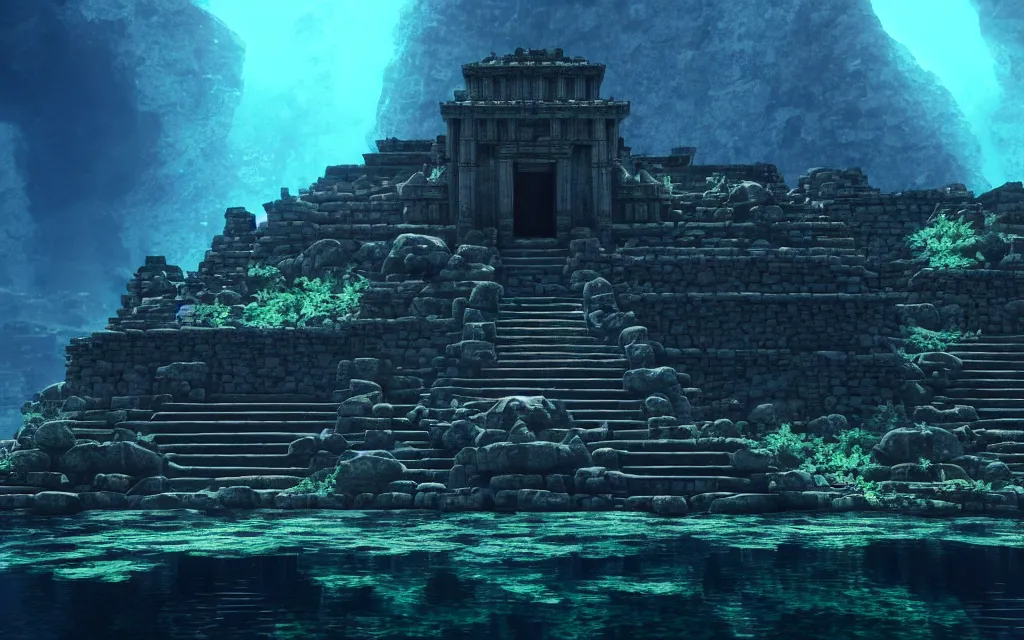 Image similar to ultrawide shot of submerged pre - incan temple, anime style mixed with fujifilm, dark, underwater, symmetrical, bubbles, abyss, dark, murky, foggy, atmospheric, crepuscular rays, artstation, cgsociety, octane render, cgi, unreal engine 5, denoise, detailed, cinematic masterpiece