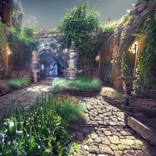 Prompt: medieval mystery garden very detailed unreal engine volumetric light hyper realistic art station