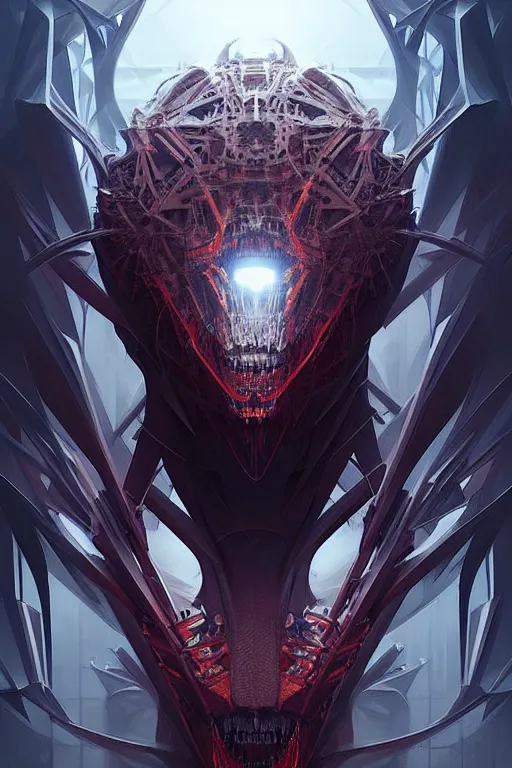 Image similar to professional concept art semi - symmetric portrait of a terrifying! mechanical predatory! fractal! species in a dark room by artgerm and greg rutkowski. an intricate, elegant, highly detailed digital painting, concept art, smooth, sharp focus, illustration, in the style of cam sykes.