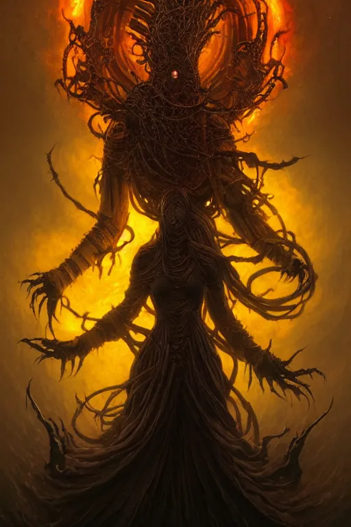 Image similar to Beautiful Eldritch Goddess of Nuclear Explosions, digital art, fantasy, magic, trending on artstation, illustration by Seb McKinnon and Peter Mohrbacher, ultra detailed, atmospheric, powerful presence, bossfight, darksouls, grand finale, explosive entrance, final battle, cutscene, cinematic lighting, unleashing the power of the flame, burning pulse, close-up