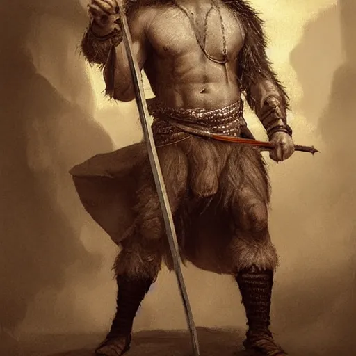 Image similar to renaissance full body portrait of a gruff ranger with a spear, lean and toned, handsome face, hairy chest and hairy body, D&D, intricate, elegant, highly detailed, digital painting, artstation, concept art, matte, sharp focus, chiaroscuro, well list, sharp detail, illustration, art by Da Vinci, Artgerm and Greg Rutkowski and Alphonse Mucha