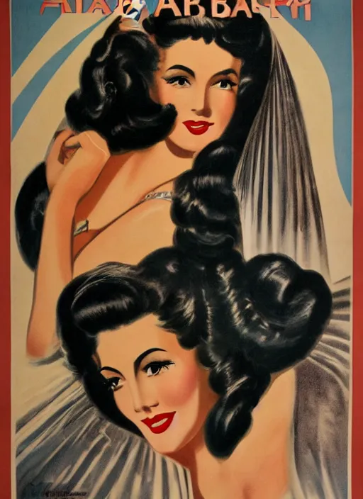 Image similar to beautiful and glamorous arab black-haired woman, 1940s propaganda poster, full hd,highly detailed