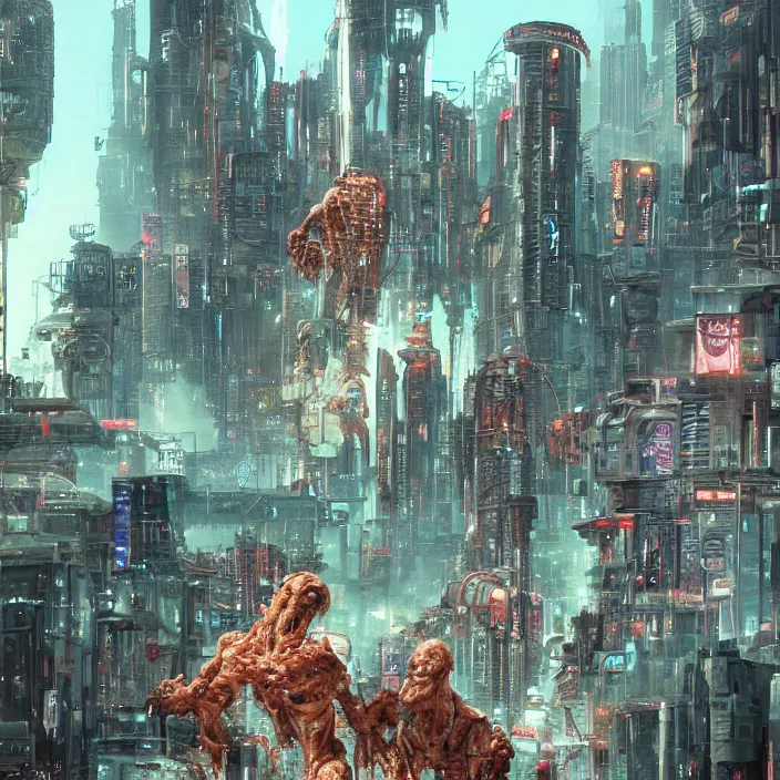 Image similar to the giant flesh golem destroying cyberpunk city underwater