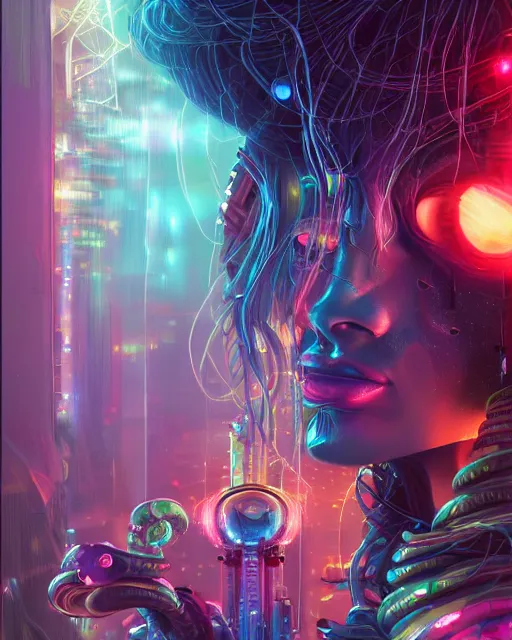 Image similar to a cyberpunk close up portrait of evil cyborg medusa, electricity, rainbow, snakes in hair, sparks, bokeh, soft focus, sparkling, glisten, water drops, cold, dark, geometric, temples behind her, by paul lehr, jesper ejsing