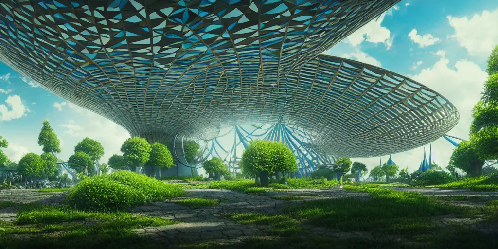 Image similar to expo 6 7 pavillion, solarpunk, studio ghibli, jean - baptiste monge, octane render, 4 k, symmetry