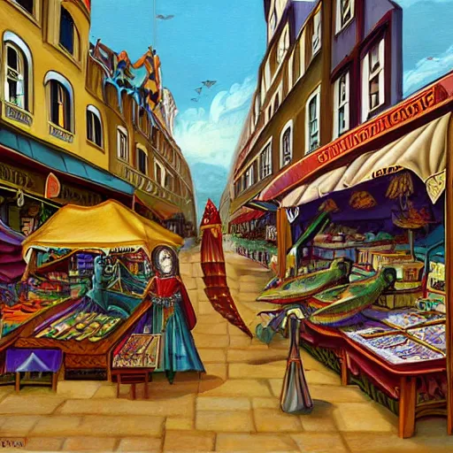 Image similar to Painting of human-sized Mantis religiosa shopping on a medival city market; fantasy; D&D; magic