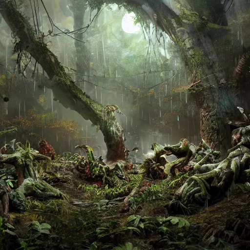 Prompt: zombies in a rain forest, hyper detailed, dramatic lighting, cgsociety, realistic, hyper detailed, insane details, intricate, dramatic lighting, hypermaximalist, golden ratio, rule of thirds, octane render, weta digital, micro details, ultra wide angle, artstation trending, 8 k,