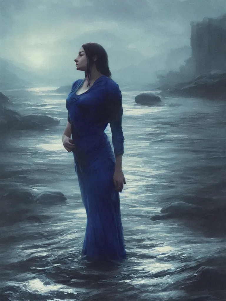 Image similar to a vintage photo of one sad female standing in the river, gloomy, strong subsurface scattering, cobalt blue gemstones floating in the river, art by greg rutkowski