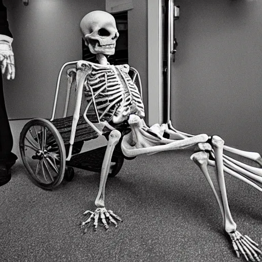 Image similar to a skeleton is wheeled by. to go to hospital. cinematic 3 5 mm