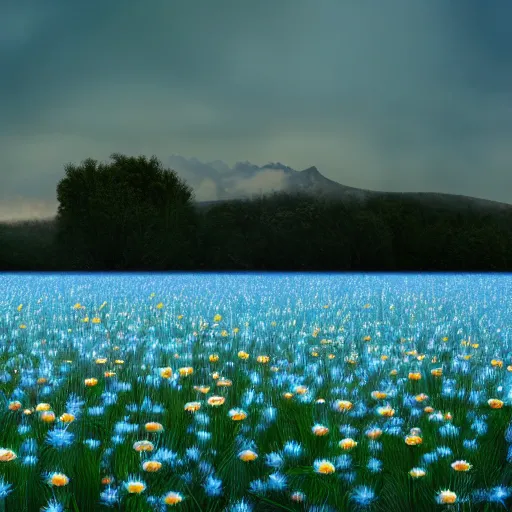 Image similar to a field of light blue daisies with a white sky in the background, matte painting