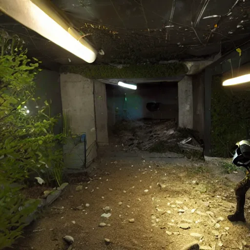 Image similar to screenshot of a first person shooter game on unreal engine 5, in an underground garden, shootout, photorealistic, player fighting against hazmat soldiers