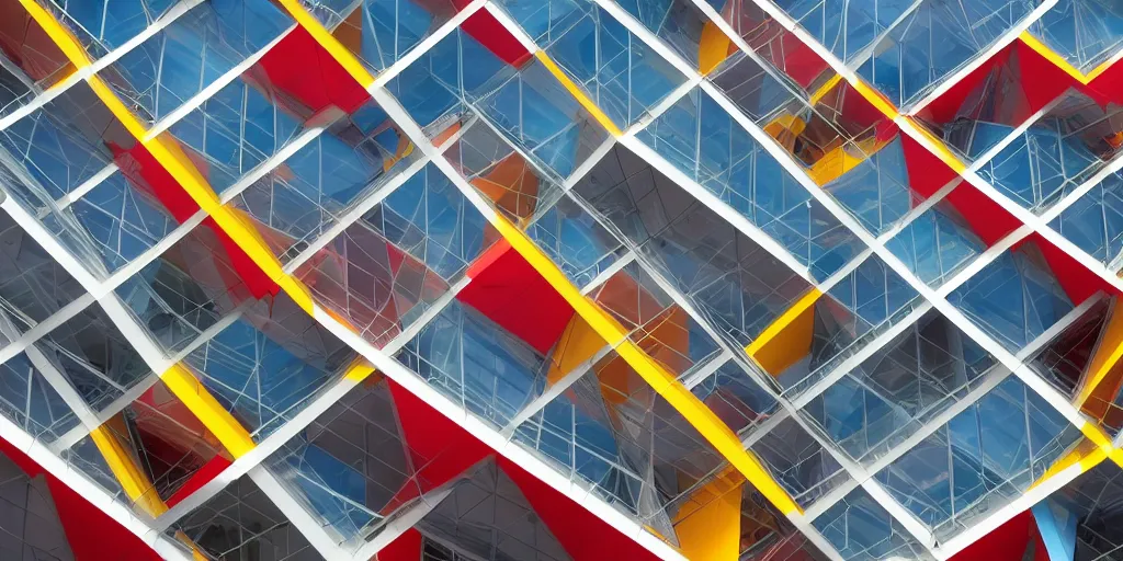 Prompt: extremely beautiful architecture photo of a colorful building complex designed by rem koolhaas and virgil abloh, postmodern, clean, the structure is angular and geometric, beautiful, award winning architecture, extremely beautiful lighting, cinematic composition, modern, render, architectural, architecture, realistic, clear