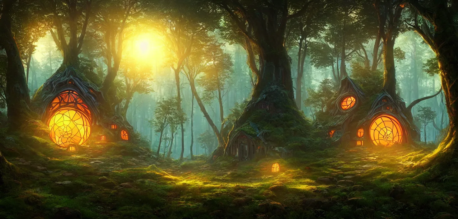 Prompt: random mystic forest house landscape, big round glowing multicoloured portal house, central symmetrical composition, incredible, vector art, octane render, fabulous, hyper detailed, random cinematic view, no noise, global illumination, warm lighting, volumetric, godrays, vivid, beautiful, by jordan grimmer