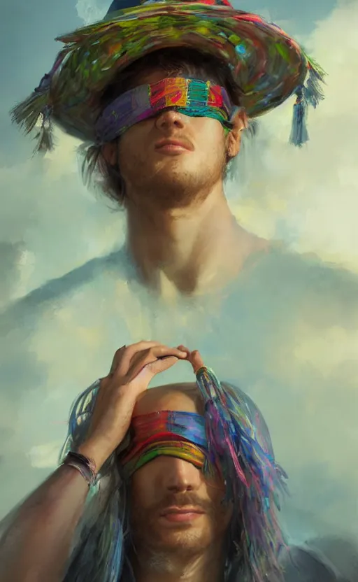 Prompt: portrait of a man wearing a blindfold covering his eyes, rainbow colored tunic, wide brimmed hat with hanging tassels, fantasy, highly detailed, cinematic lighting, digital art painting by greg rutkowski