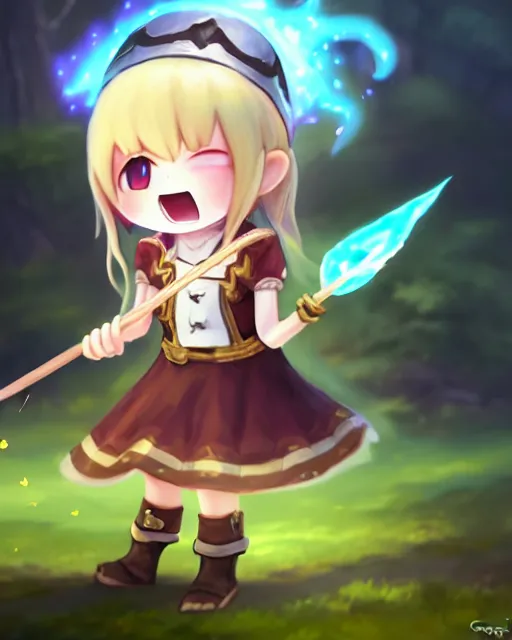 Prompt: oil painting of a cute chibi MapleStory female, casting a spell with a teaspoon, wearing a MapleStory archer outfit, sharp focus, fantasy style, octane render, volumetric lighting, 8k high definition, by greg rutkowski, highly detailed, trending on artstation, magic the gathering artwork, Perion background from MapleStory, centered
