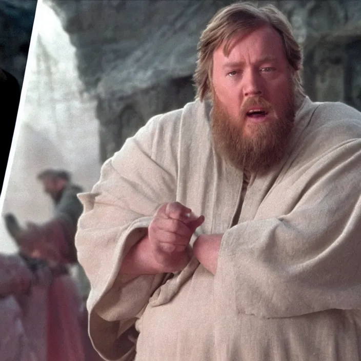 Image similar to obi wan kenobi but obese!! and overweight, photoralistic rendering, movie still, screenshot, hyperdetailed