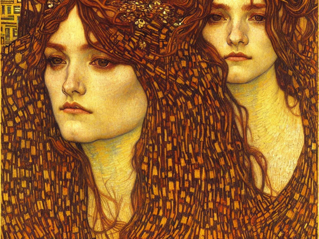 Image similar to detailed realistic beautiful young medieval queen face portrait by jean delville, gustav klimt and vincent van gogh, art nouveau, symbolist, visionary, gothic, pre - raphaelite, muted earthy colors, desaturated