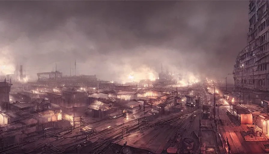 Image similar to Dieselpunk Norilsk city, Kirov reporting, steam, factory plants with dark smoke in the background, epic composition, intricate, elegant, volumetric lighting, digital painting, highly detailed, artstation, sharp focus, illustration, concept art, ruan jia, steve mccurry