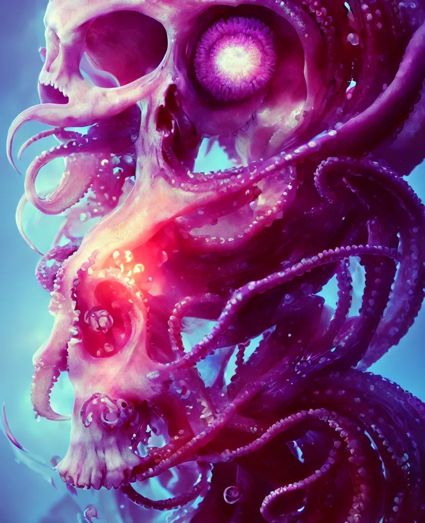 Image similar to goddess close - up portrait human skull, ram skull, squid phoenix jellyfish, orchid, betta fish, bioluminiscent, intricate artwork by tooth wu and wlop and beeple. octane render, trending on artstation, greg rutkowski very coherent symmetrical artwork. cinematic, hyper realism, high detail, octane render, 8 k