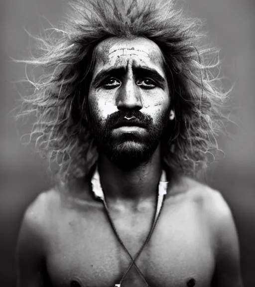 Image similar to Award winning reportage photo of Mauri Natives with incredible hair and beautiful hyper-detailed eyes wearing traditional garb by Lee Jeffries, 85mm ND 5, perfect lighting, gelatin silver process