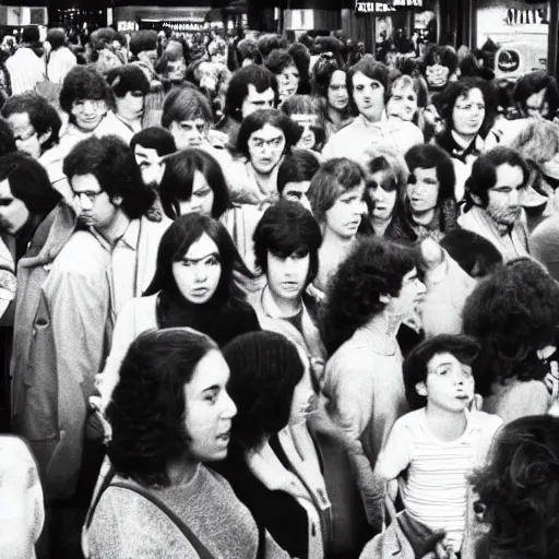 Image similar to People in a crowded mall, circa 1980