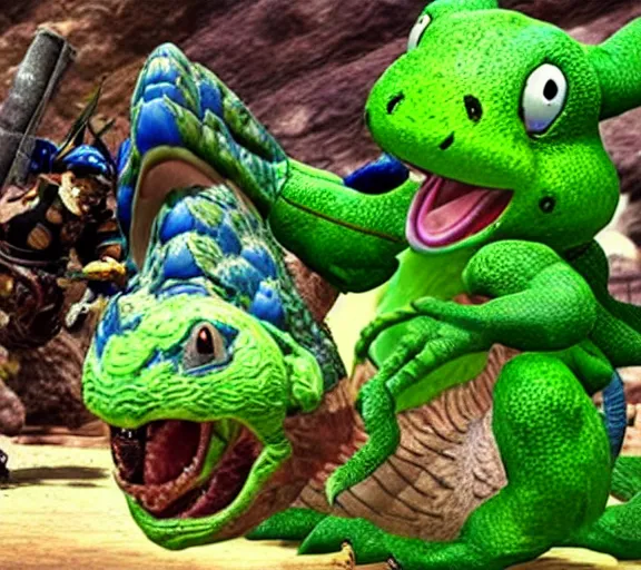 Image similar to yoshi in monster hunter, green dinosaur