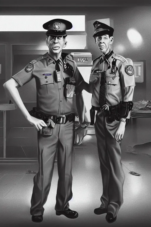 Prompt: andy griffith and barney fife, police stake out, at a birthday party at chuck e cheese, mid 9 0 s, gritty, ethereal details, cinematic lighting, hyper - detailed, maximalist, artstation, 8 k