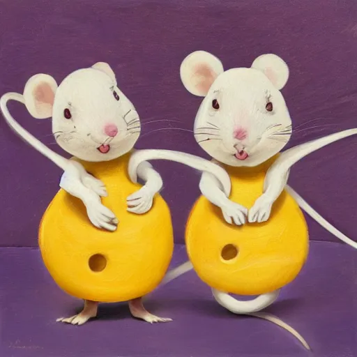 Image similar to two cheerful mice on a planet made of cheese, highly detailed painting