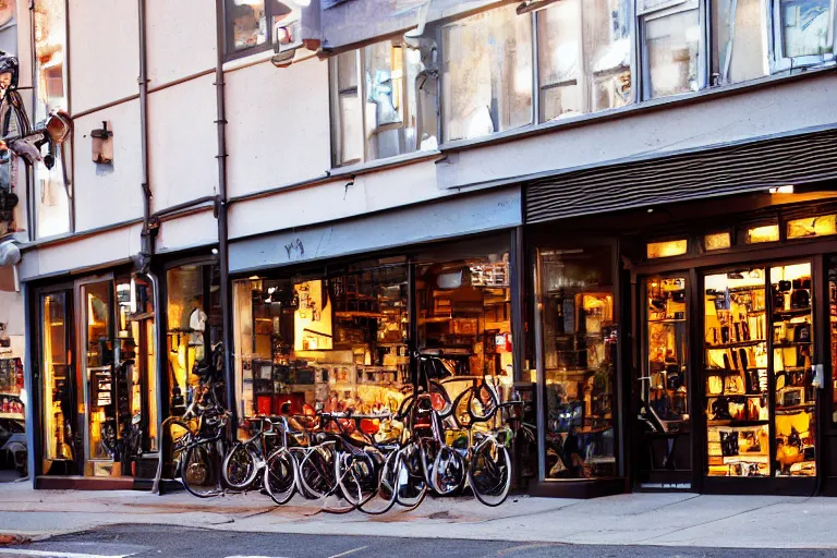 Prompt: boutique bicycle shop storefront wide angle street at dusk, cinematic lighting