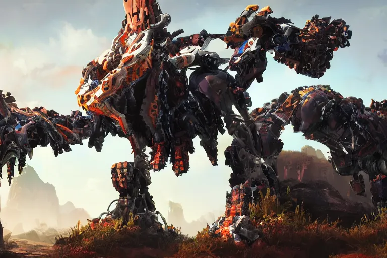 Image similar to grimhorn fanghorn machine mecha animal beast robot of horizon forbidden west horizon zero dawn bioluminiscence global illumination ray tracing hdr fanart arstation by sung choi and eric pfeiffer and gabriel garza and casper konefal