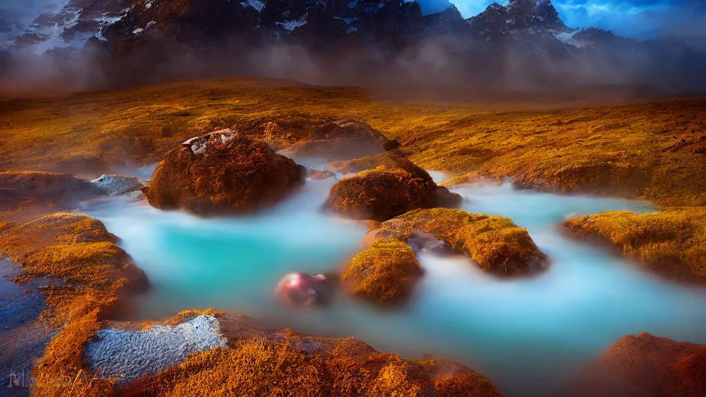 Image similar to amazing landscape photo of natural hot springs by marc adamus, beautiful dramatic lighting