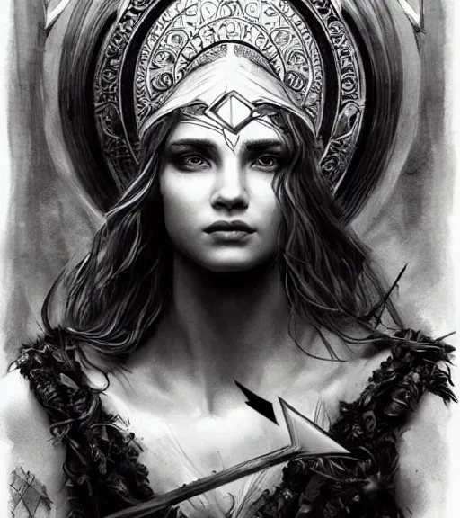 Image similar to beautiful aphrodite goddess wearing an arrow on her head, realistic face, beautiful eyes, black and white drawing, in the style of greg rutkowski, fantasy, amazing detail, epic, intricate, elegant, smooth, sharp focus