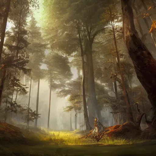 Image similar to a painting of a man standing in the middle of a forest, a detailed matte painting by slawomir maniak, deviantart contest winner, fantasy art, matte painting, cryengine, concept art