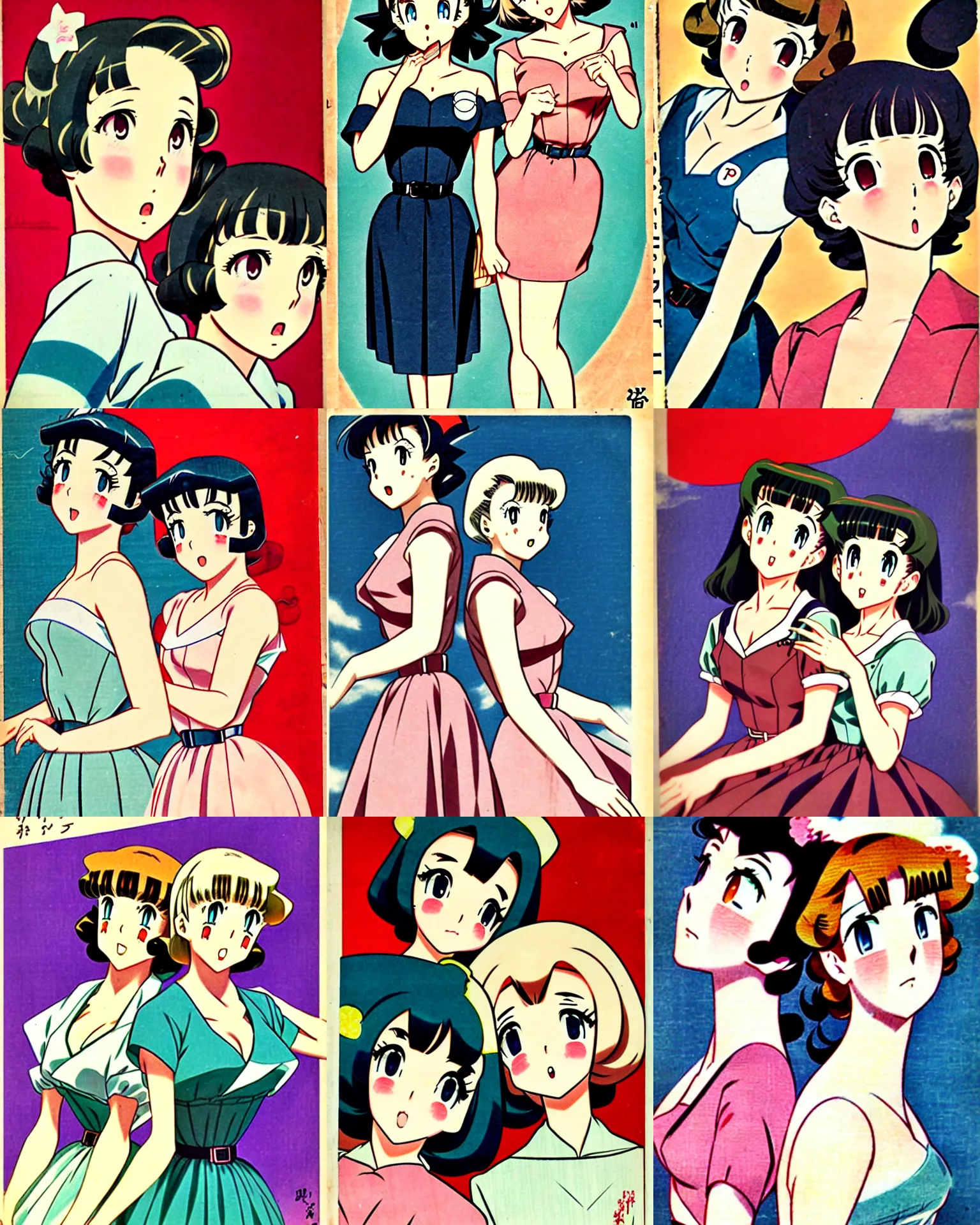 Prompt: ( ( ( ( ( 1 9 5 0 s anime cover art. portrait anime of two girls cute - fine - face. muted colors. ) ) ) ) )