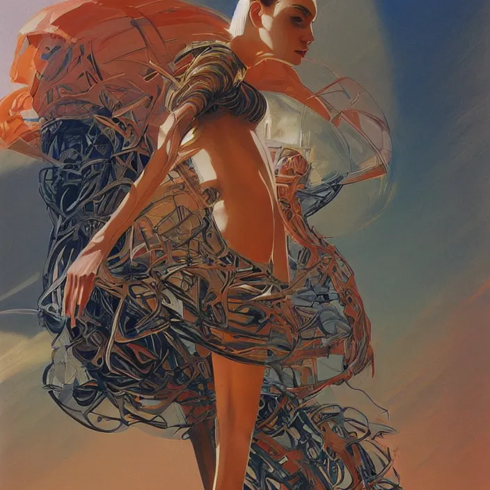 Image similar to slavic youth, full body, high fashion, futurism, aerodynamic, flowing, intricate, slick, highly detailed, digital painting, vogue, concept art, smooth, sharp focus, hd, art by syd mead and bruce pennington and annie leibovitz