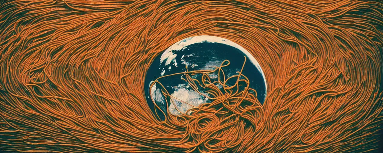 Image similar to an alien species made of spaghetti looking at earth from space, canon 5 0 mm, cinematic lighting, photography, retro, film, kodachrome