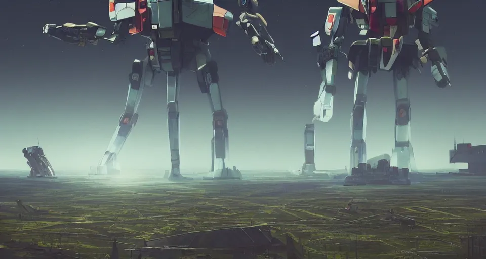 Image similar to Landscape with GIANT mechatronics megastructure looming in the distance fighting each other, inspired by gundam, cinematic, rendered by simon stålenhag, rendered by Beeple, Makoto Shinkai, syd meade, environment concept, digital art, unreal engine, 3 point perspective, WLOP, trending on artstation, low level, 4K UHD image, octane render,